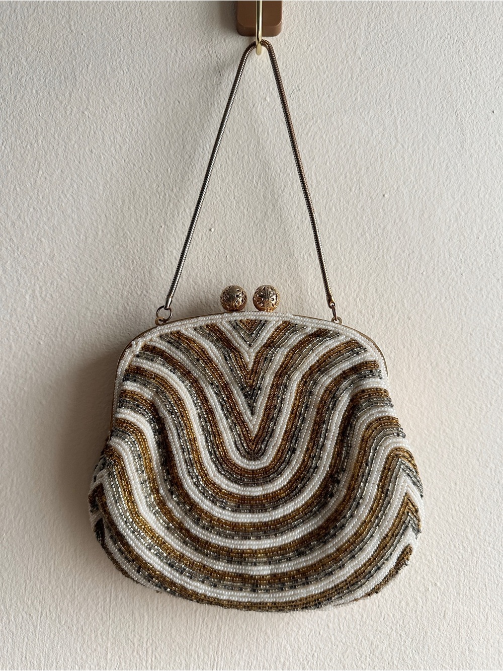 Vintage 80s Walborg White, Silver and Gold Beaded Evening Clutch